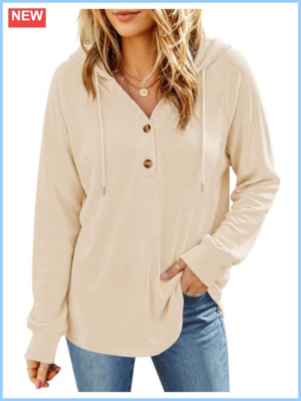 Waffle Knit Hoodie Button Front Oversized Pullover Top